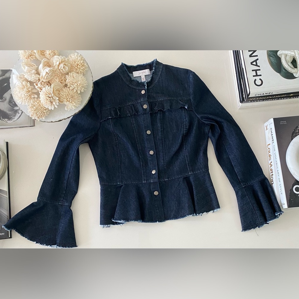 Scripted Women's Dark Blue Jean Jacket with Ruffle Details - Picture 3 of 14